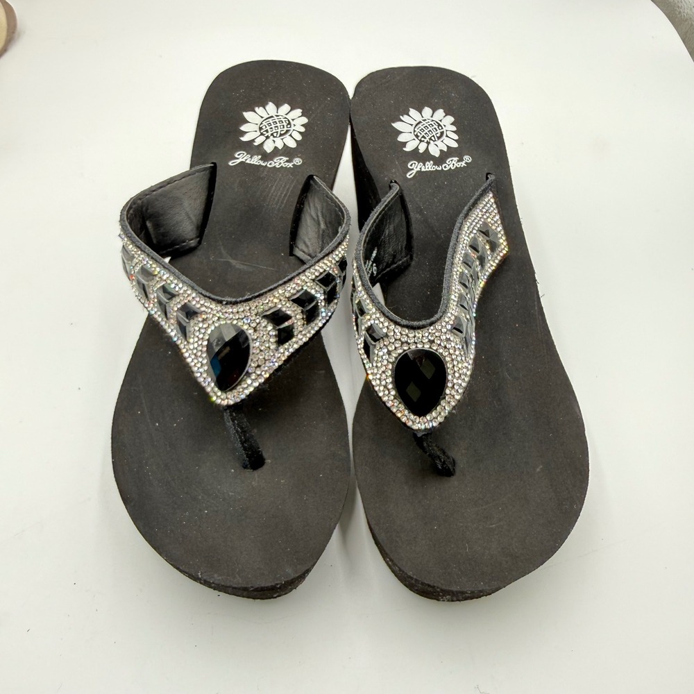 Yellow Box Belmac Womens Black Rhinestone Wedge Flip Flops Sz 6 NWOT